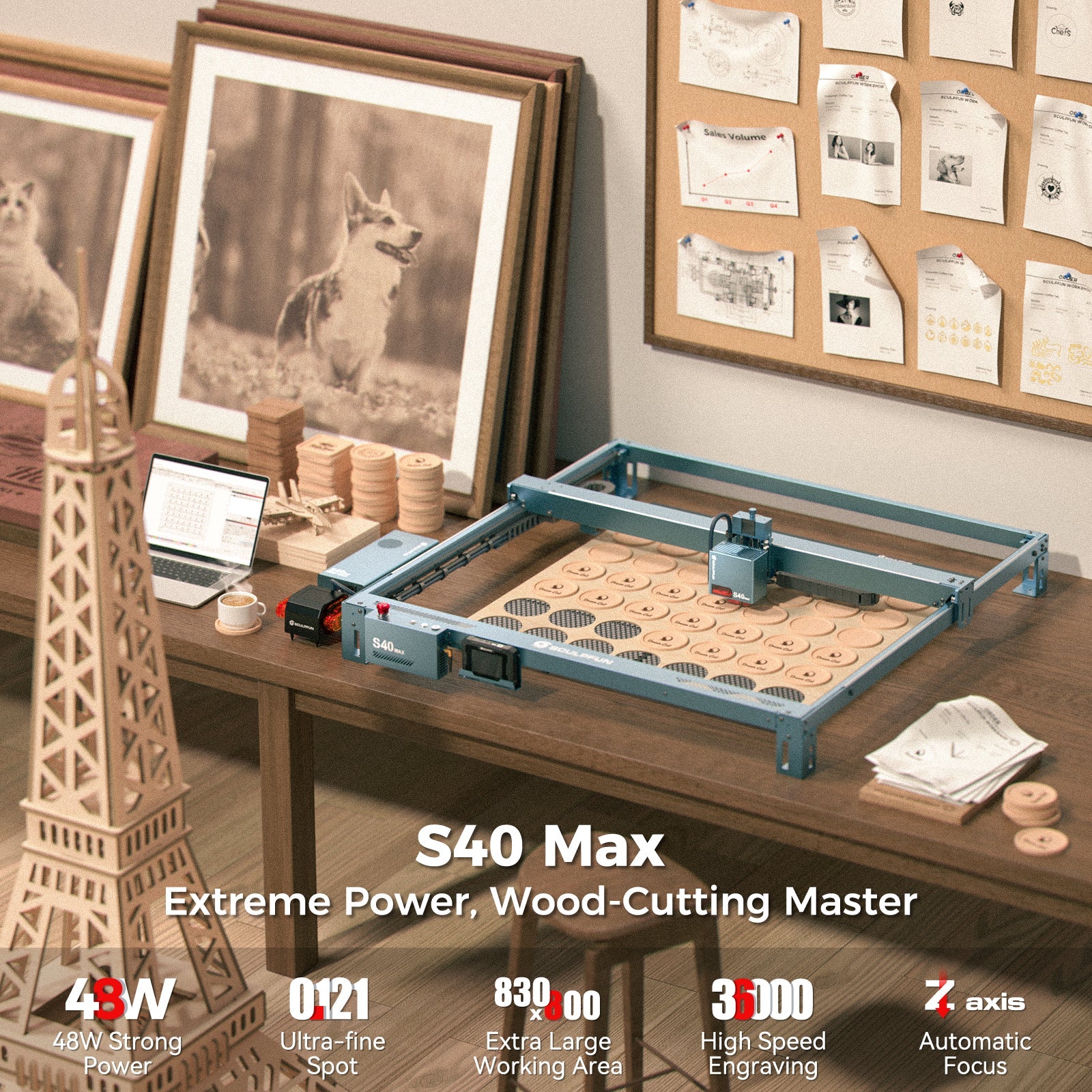 Sculpfun S40 MAX 48W Laser Engraver Cutting Machine 830*800mm Engraving Area