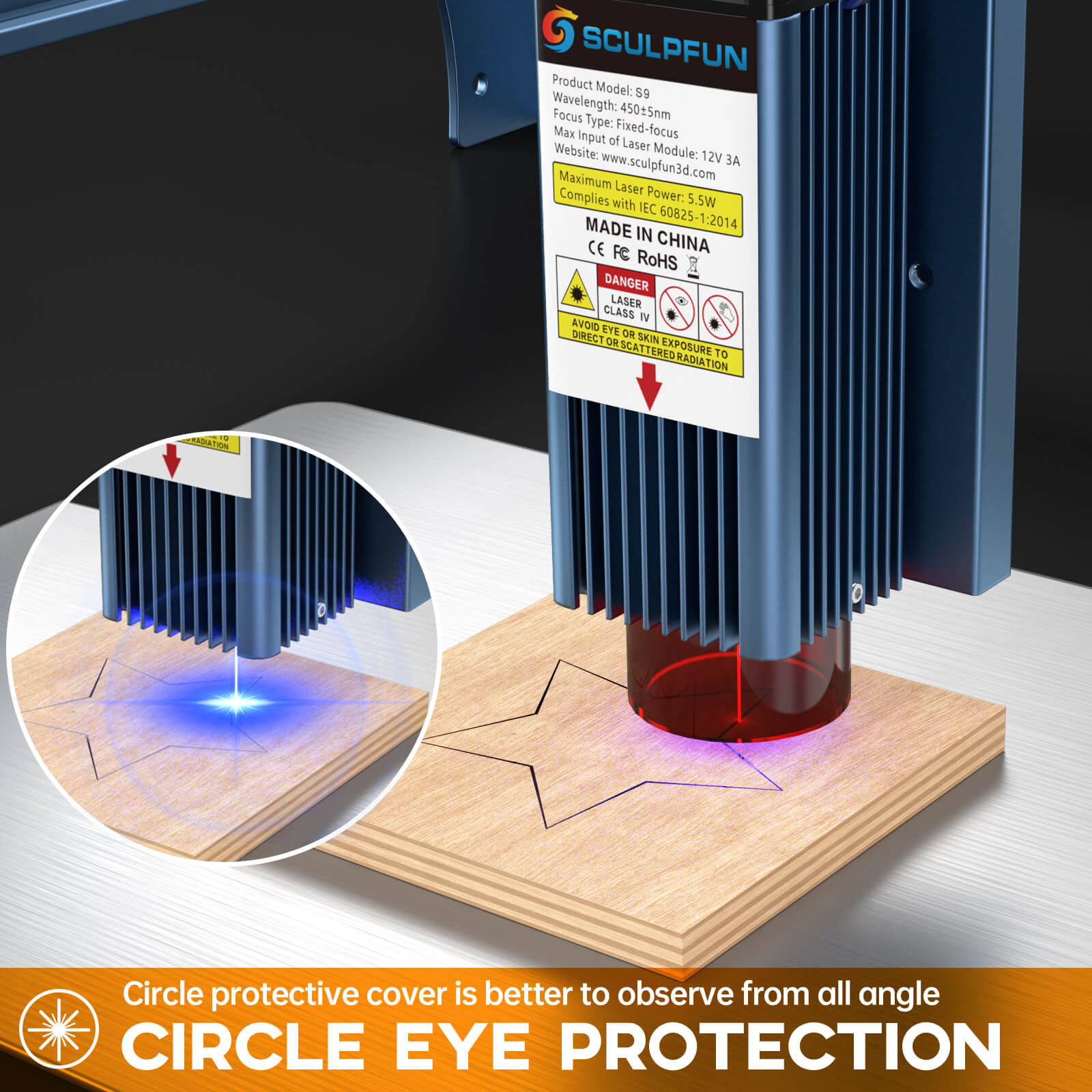 SCULPFUN S9 5.5W Laser Engraver With 0.06mm Ultra-Fine Compressed Spot