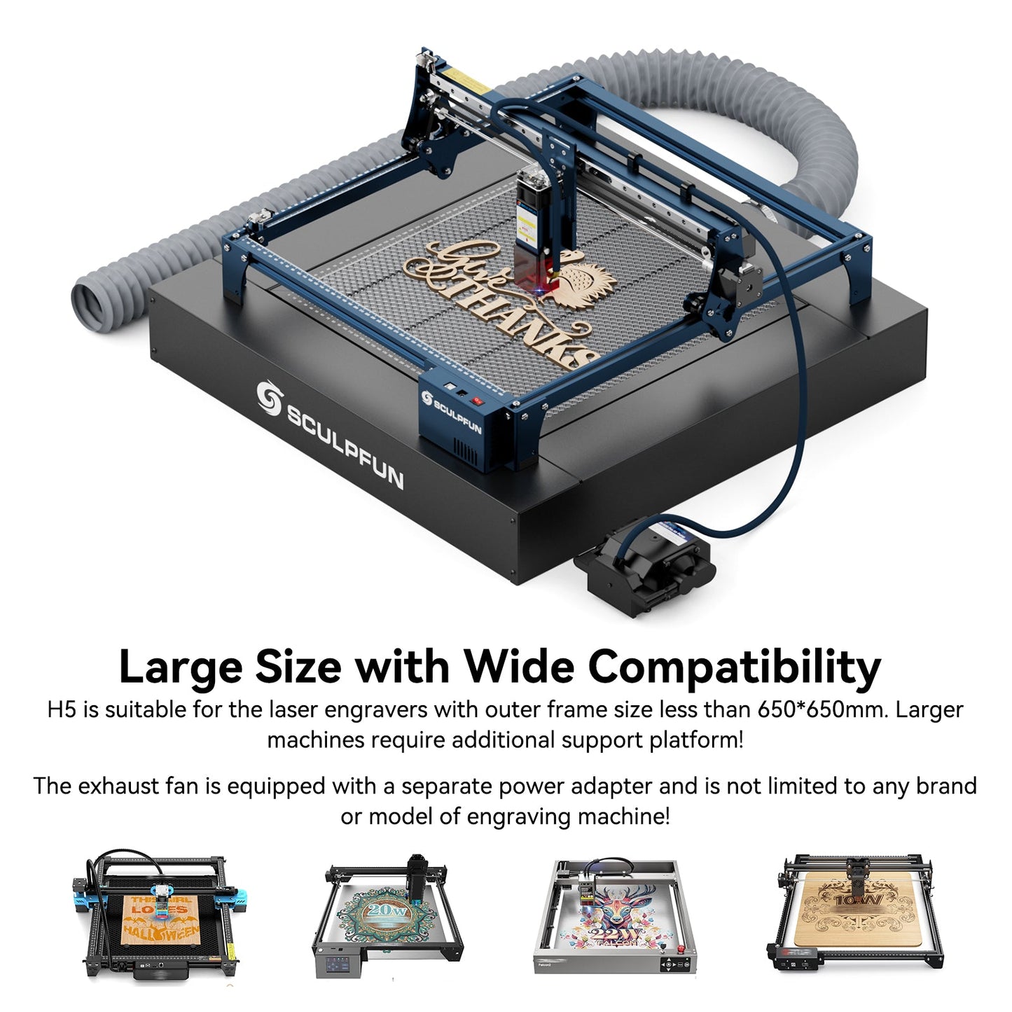 SCULPFUN H5 Gen2 Honeycomb Cutting Exhaust Platform 650×650mm Honeycomb Laser Bed with Fume Extraction Fan